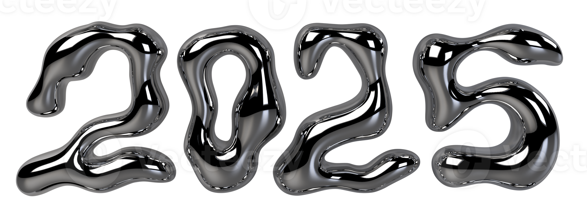 Happy New Year 2025 text design. 3d chrome liquid font. Letters with molten metal effect. Silver