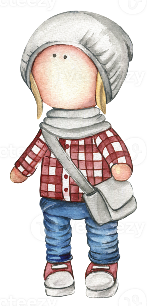 Watercolor hand drawn doll Tilda in dress. png