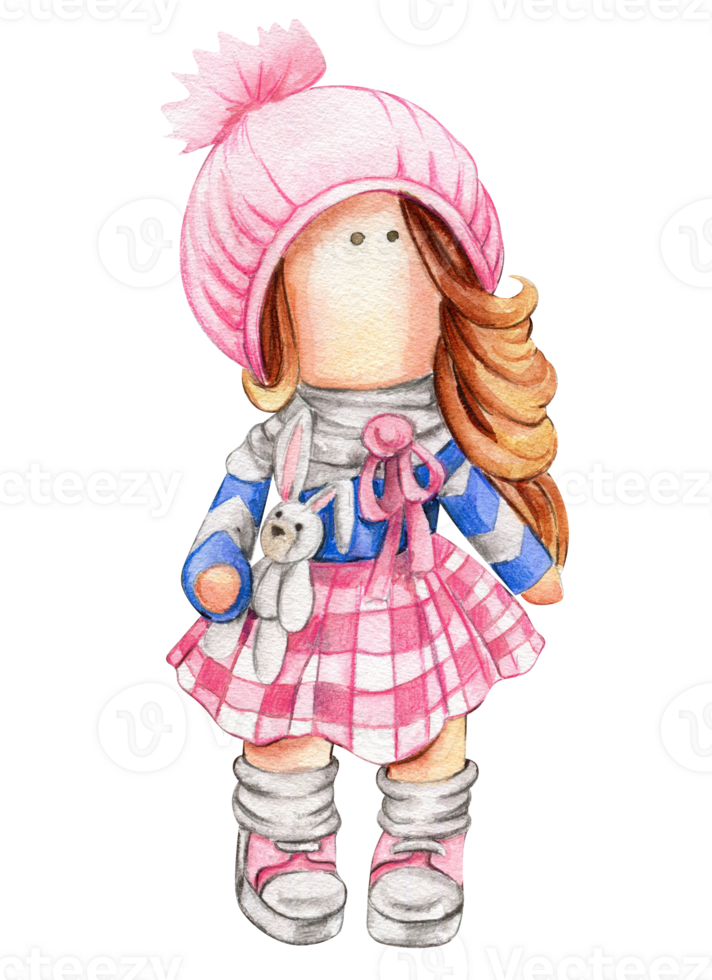 Watercolor hand drawn doll Tilda in dress. png