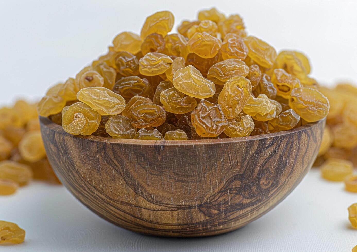 Gold raisins in wooden bowl generated by AI. photo