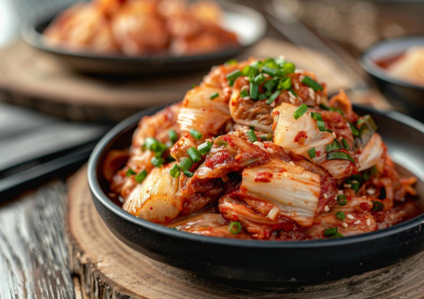Close up Korean homemade food, Kimchi cabbage in black bowl generated by AI. photo