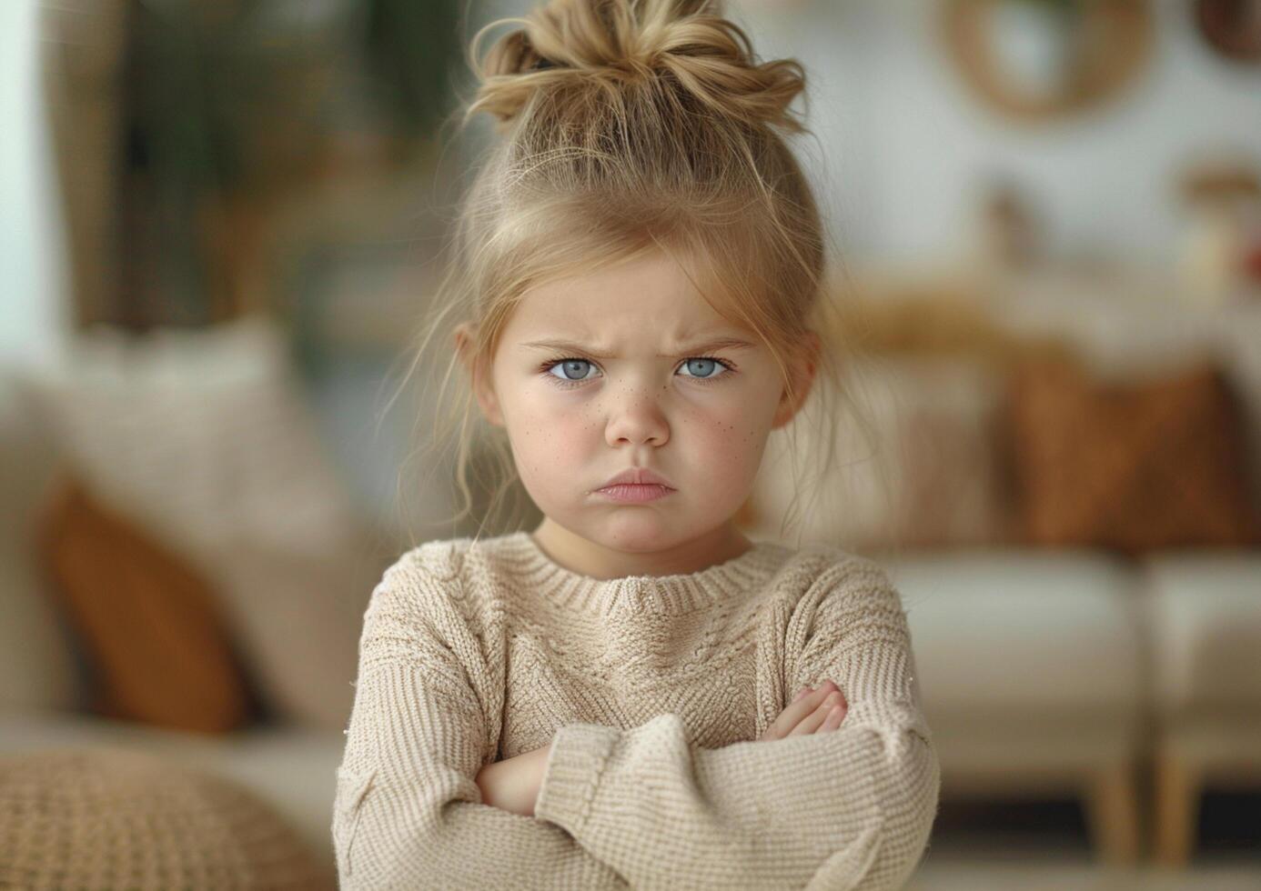 Portrait of a girl angry child expresses emotions of discontent or anger generated by AI. photo
