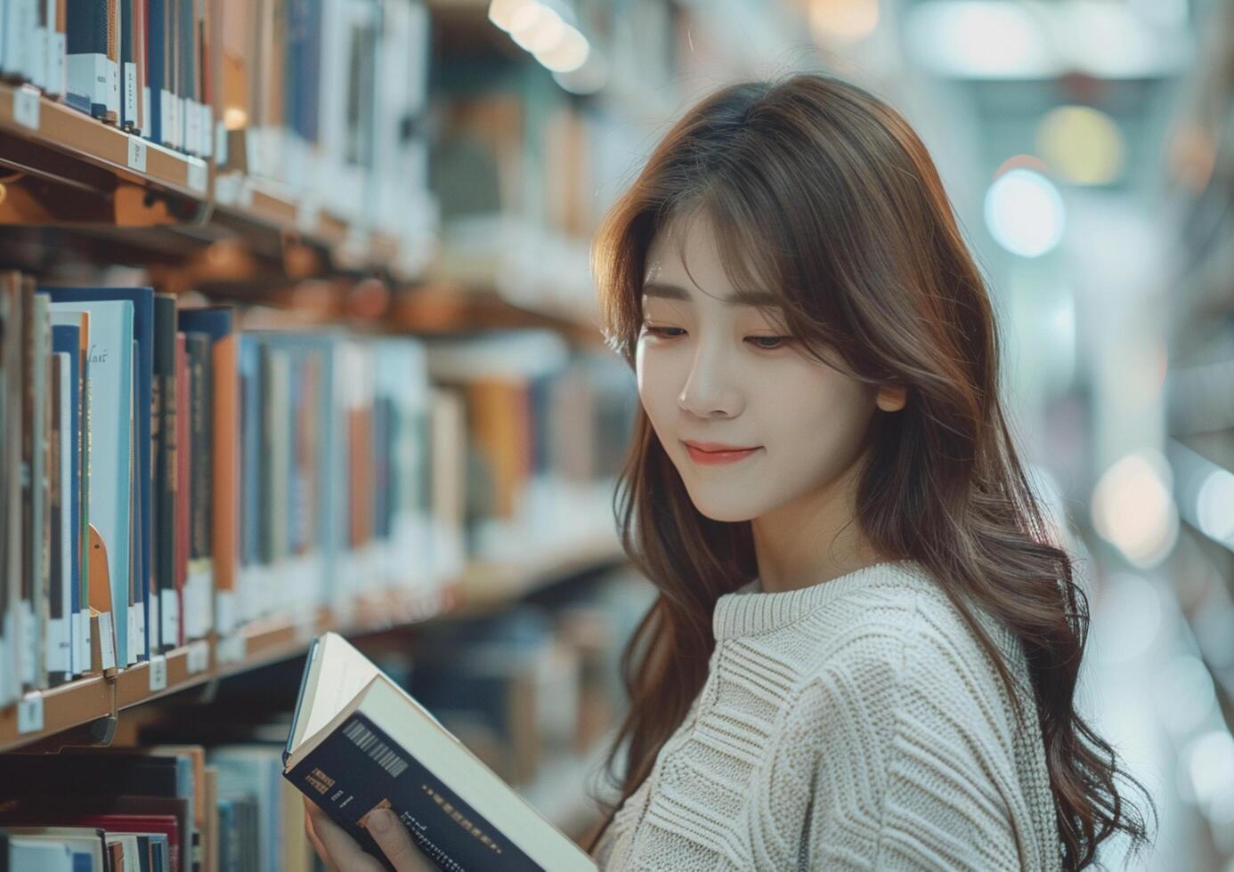 Young asian woman reading book at library generated by AI. photo