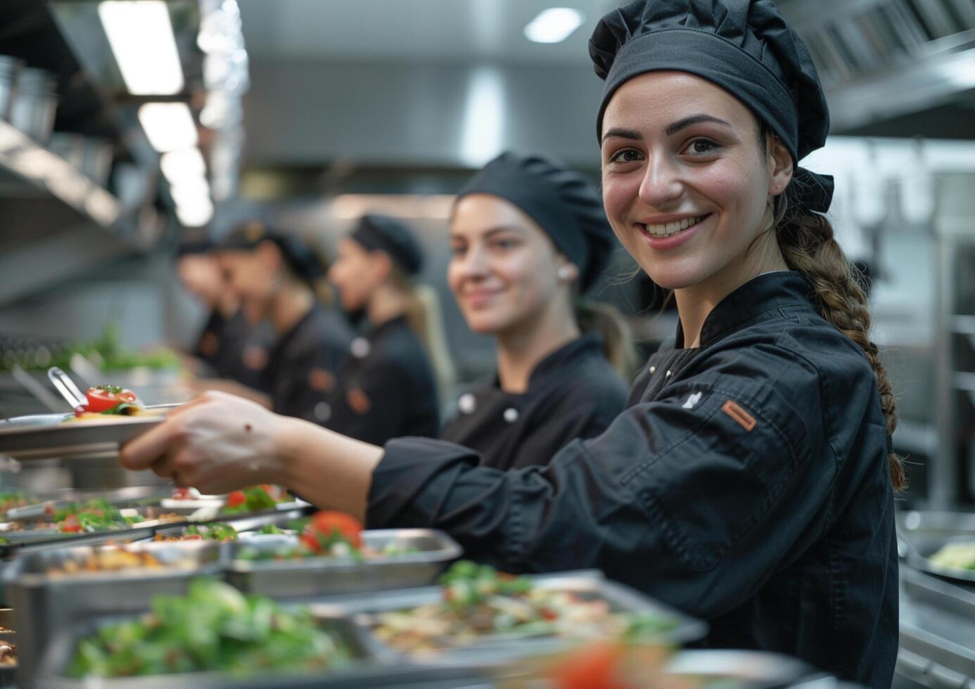 Portrait of happy chefs team standing together in kitchen generated by AI. photo