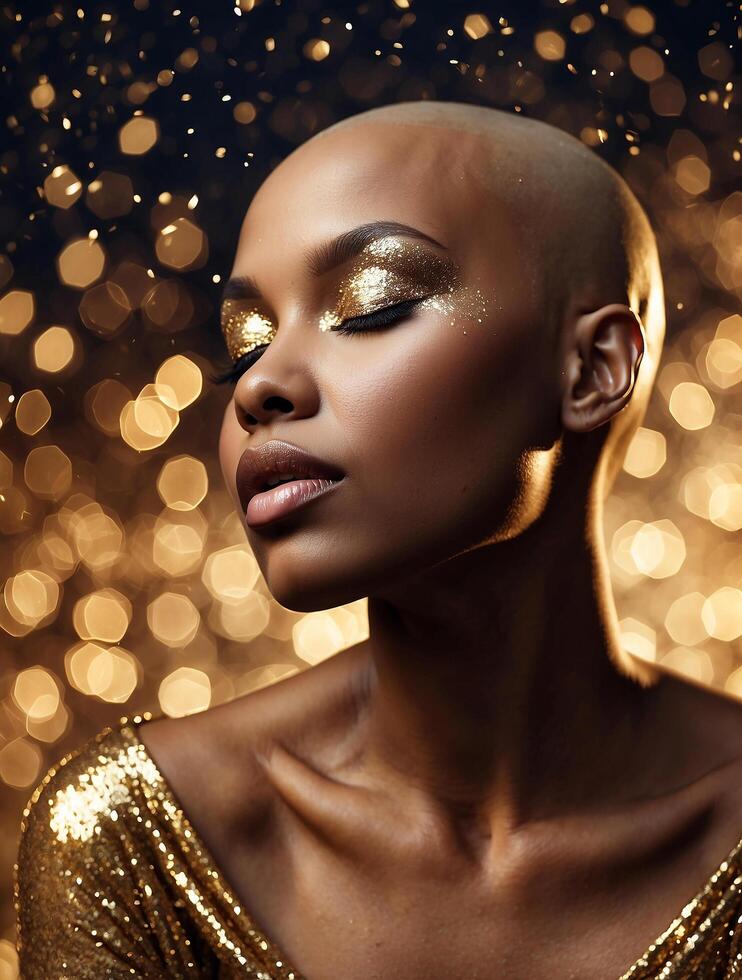 Bald black model with closed eyes, her eyelids and body shimmering with gold glitter makeup, on a beautiful shimmering bokeh background photo