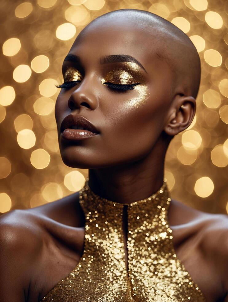 Bald black model with closed eyes, her eyelids and body shimmering with gold glitter makeup, on a beautiful shimmering bokeh background photo