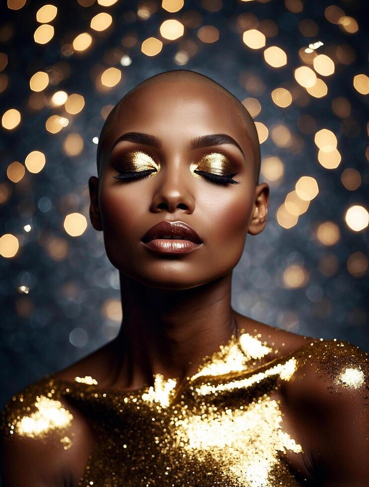 Bald black model with closed eyes, her eyelids and body shimmering with gold glitter makeup, on a beautiful shimmering bokeh background photo