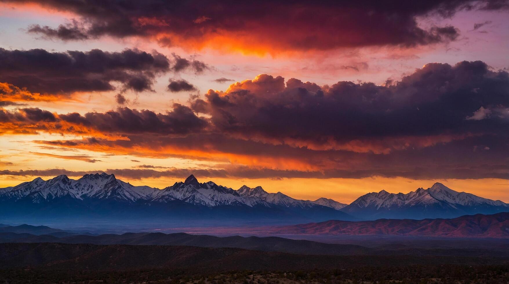 the mountain landscape is bathed in a kaleidoscope of colors, the sky shifting from vibrant oranges to deep purples, creating a stunning contrast against the darkening peaks. photo
