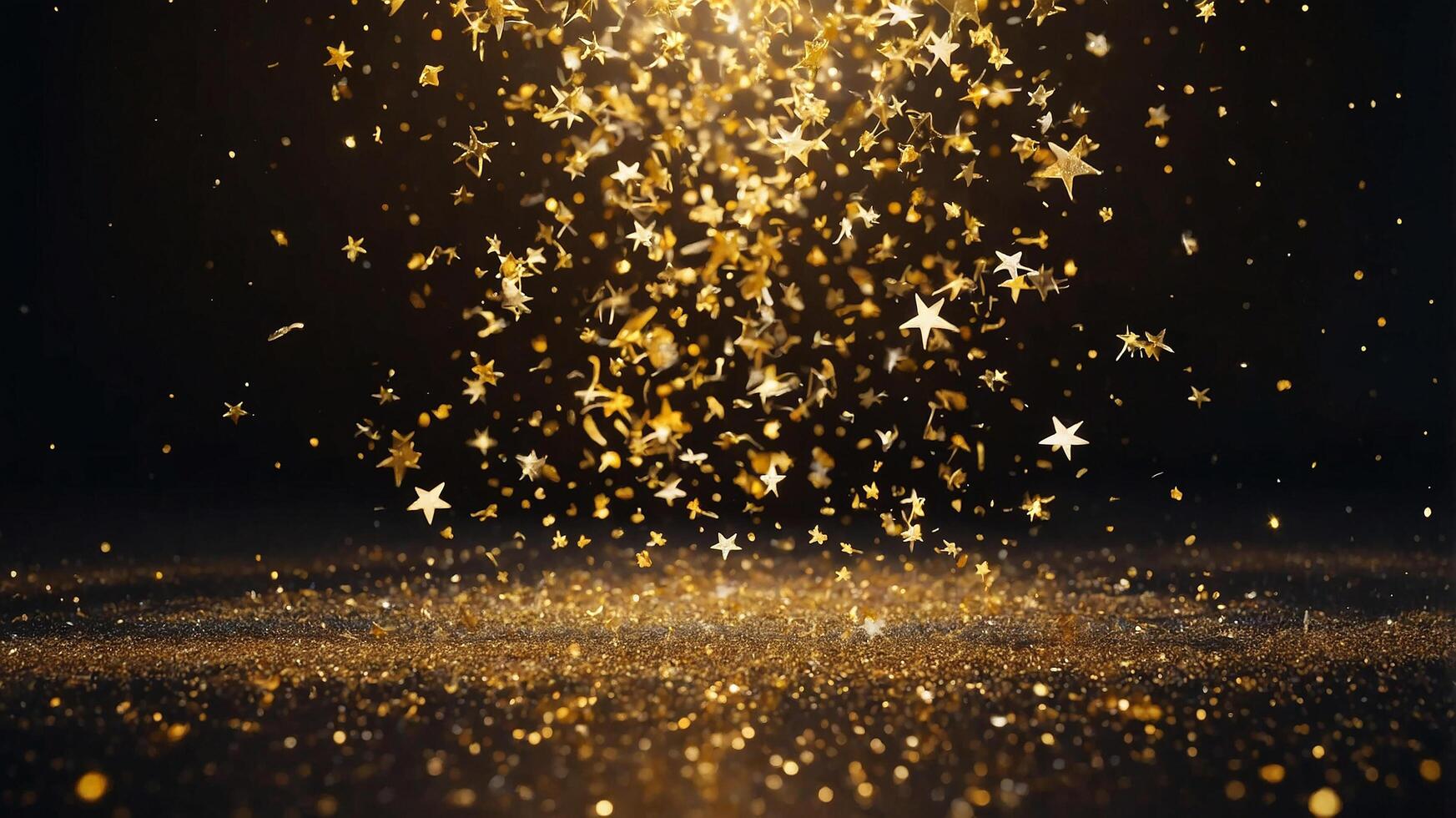 Abstract particle background with sparkling and shining gold stars falling to the floor photo