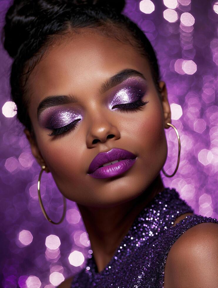 A close-up of a black model with her eyes closed, purple glitter eyeshadow shimmering on her lids photo