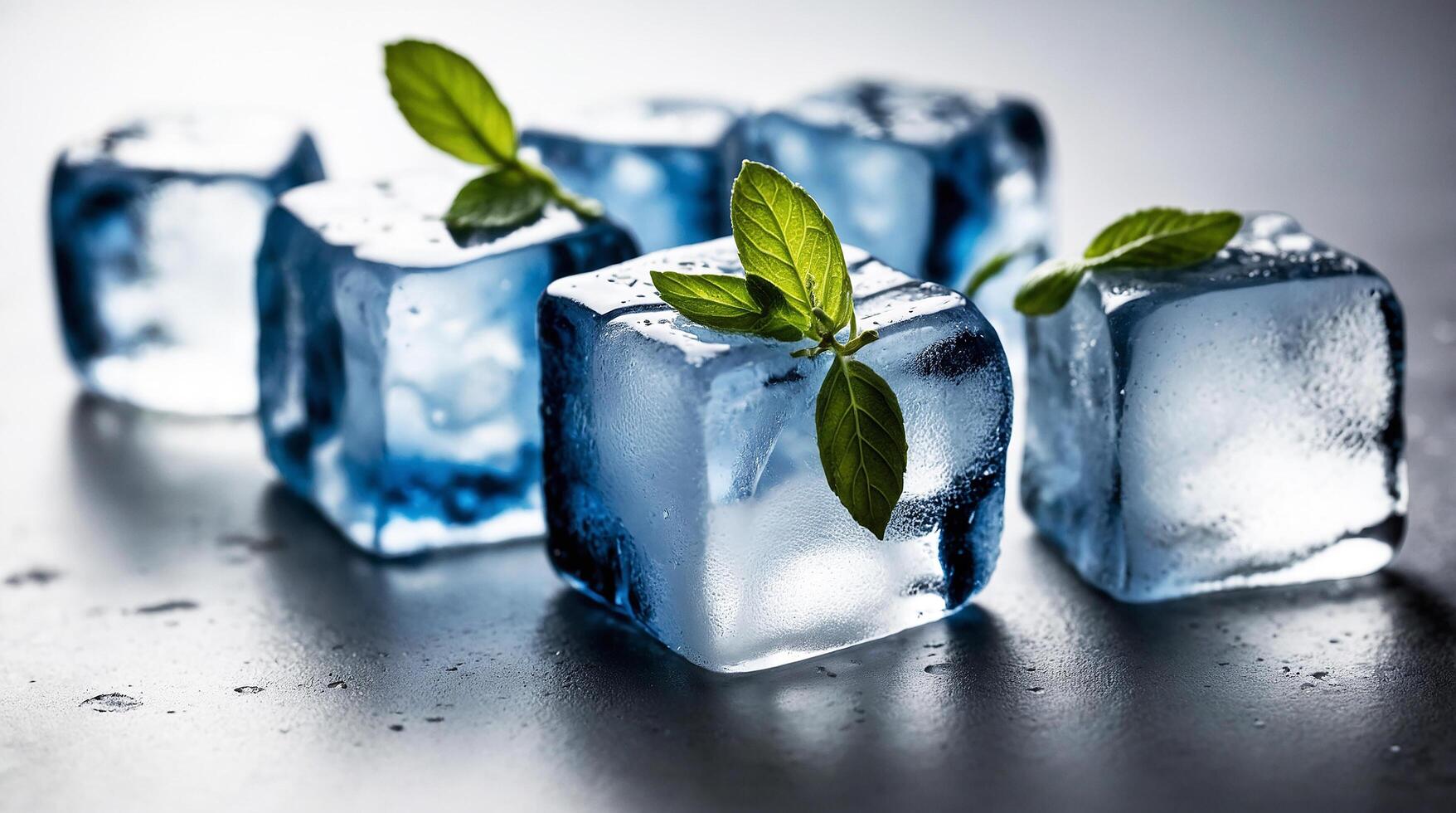 ice cubes with mint leaves on top photo