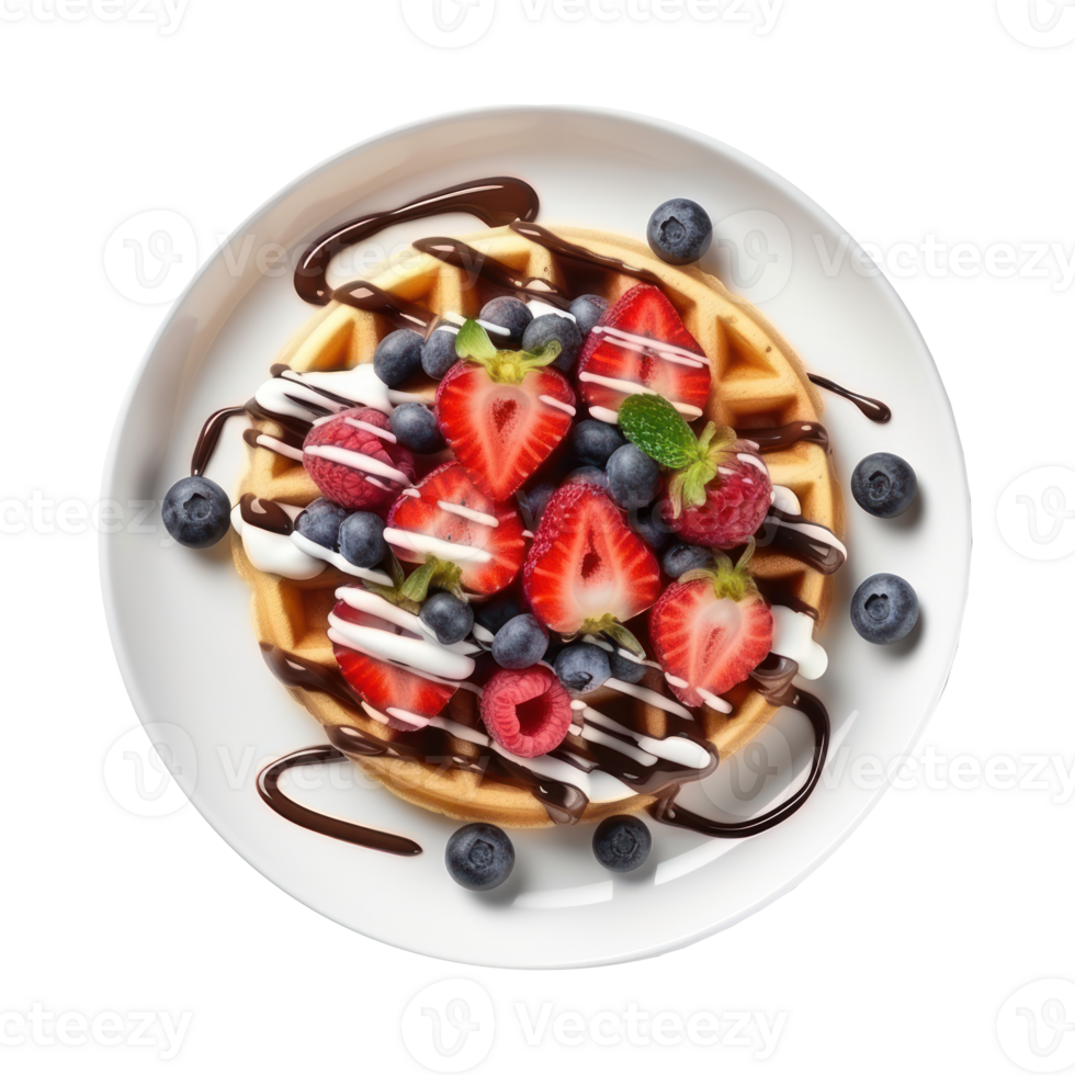 waffles with berries and chocolate sauce on a plate png