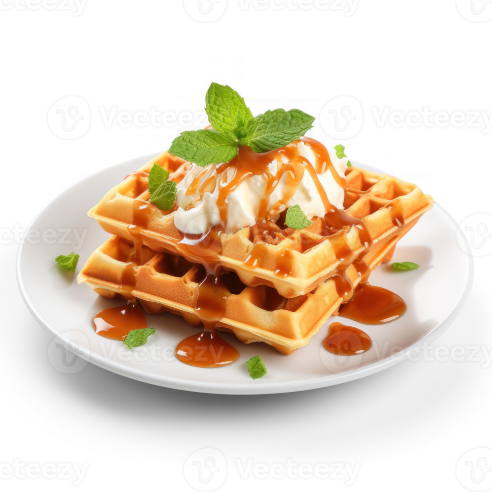 waffles with ice cream and caramel sauce on a plate png