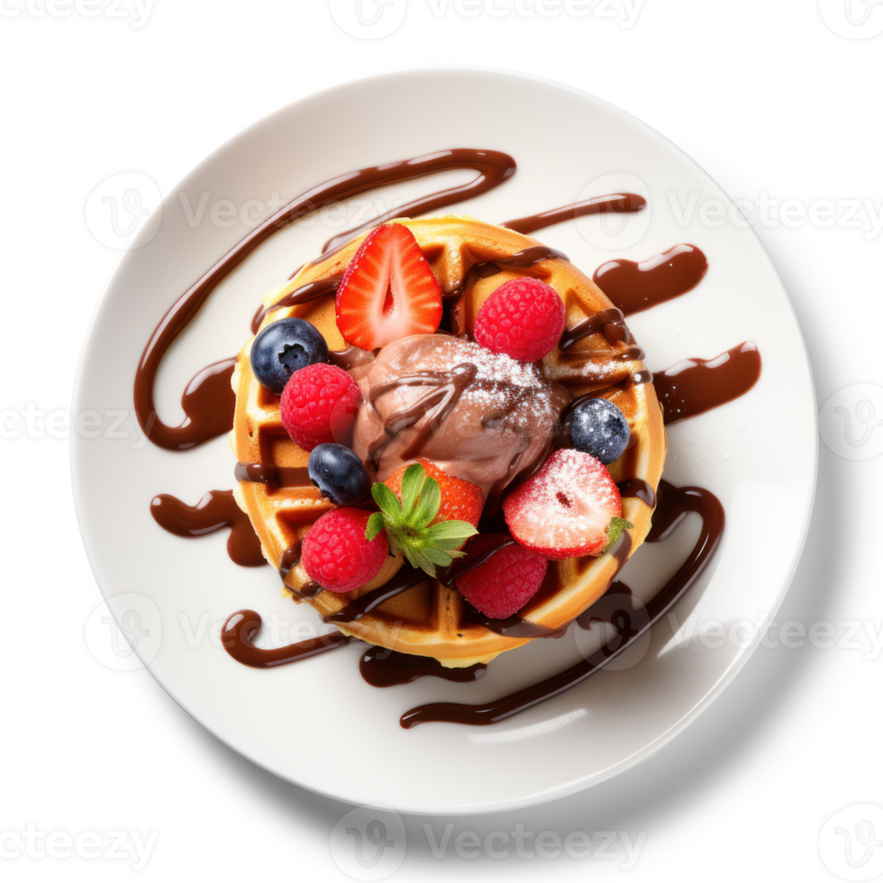 waffle with chocolate sauce and berries on white plate png