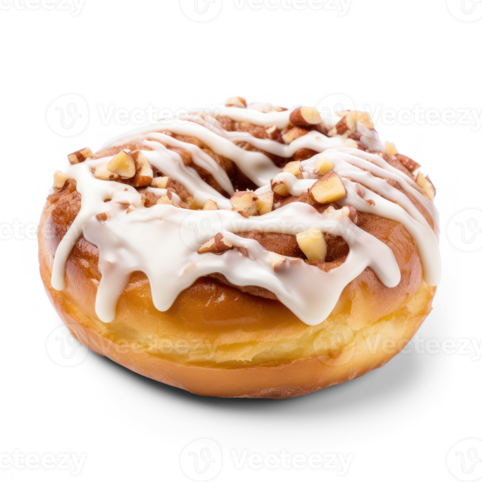a donut with icing and nuts on a transparent background png
