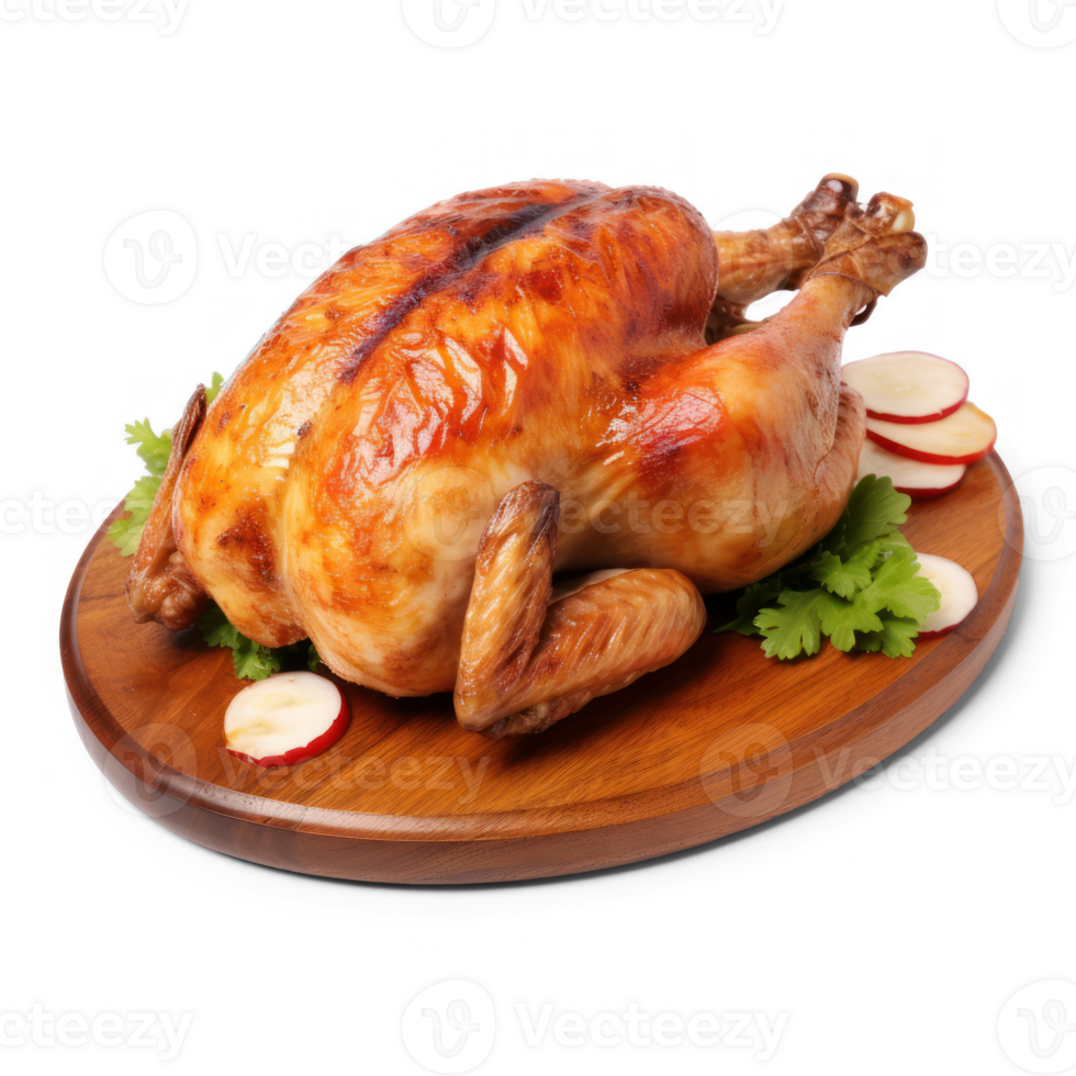 roasted turkey on a wooden board with radishes on it png