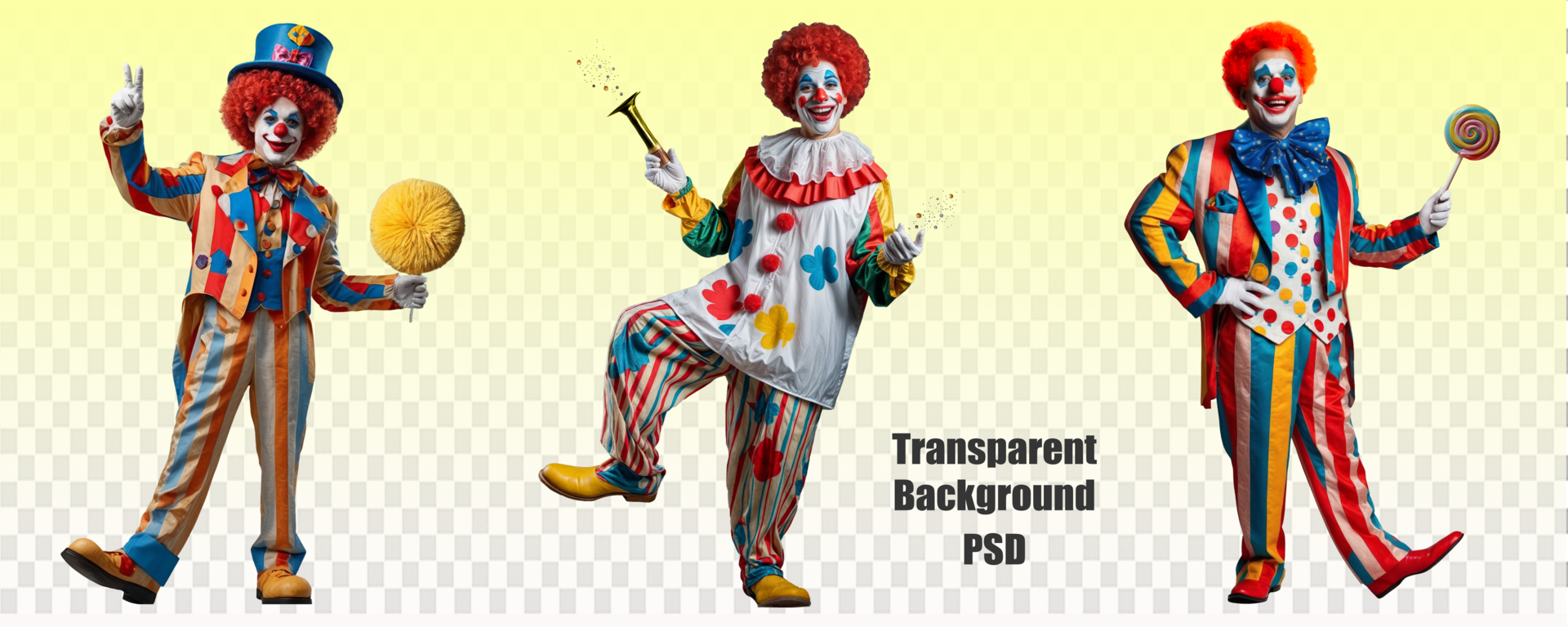 A set of clowns with various fun items. Circus clowns without background. psd