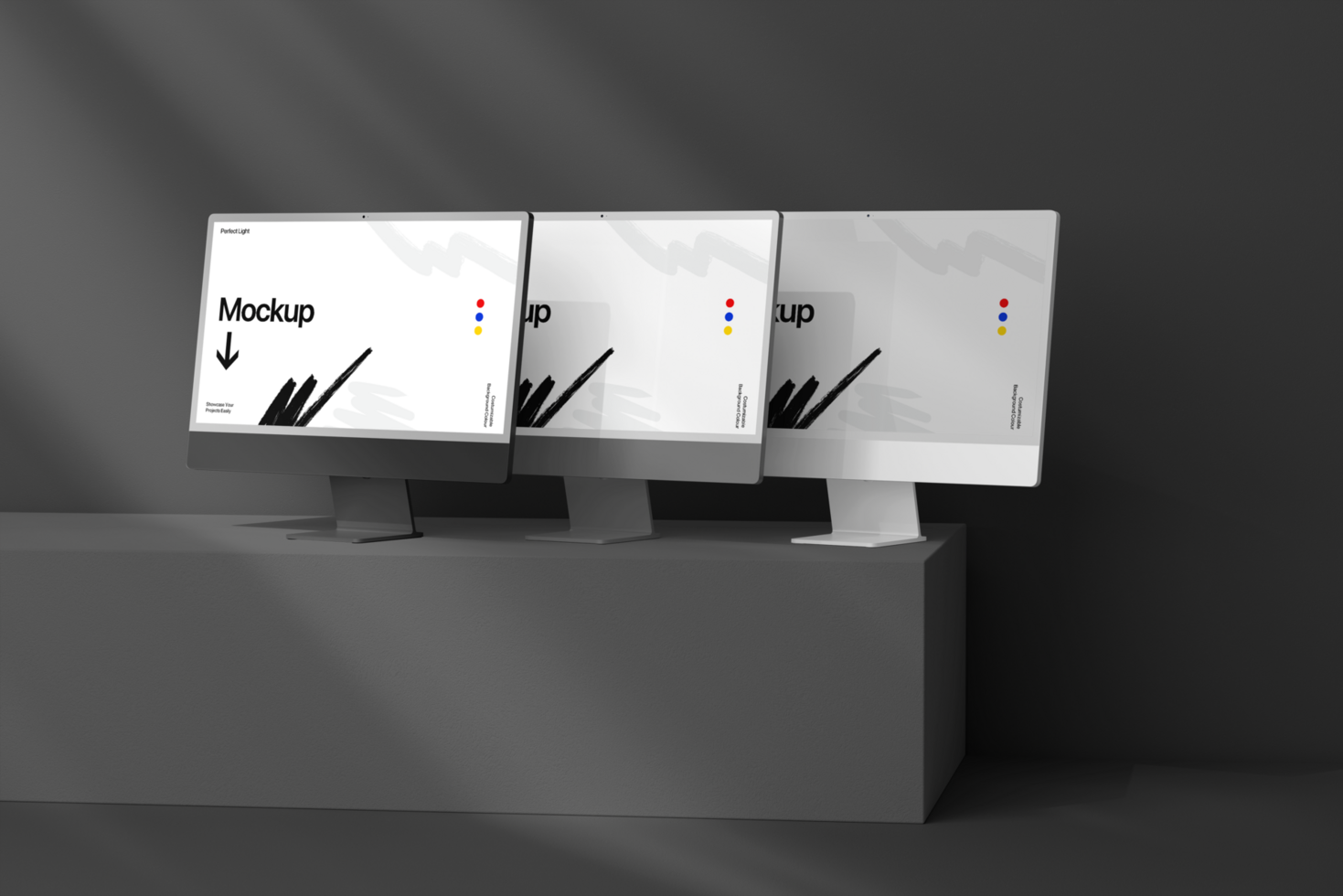 Realistic Triple Computer Desktop Mockup with Wall Background psd