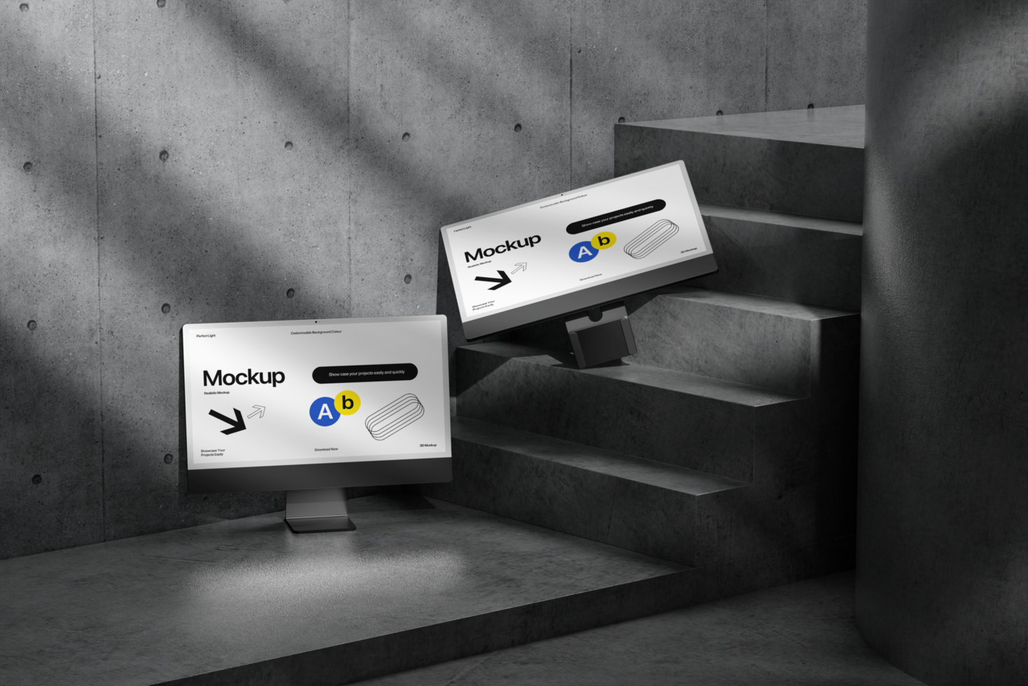 Stylish Desktop Monitor Mockup with Editable Backgrounds on Concrete Steps psd