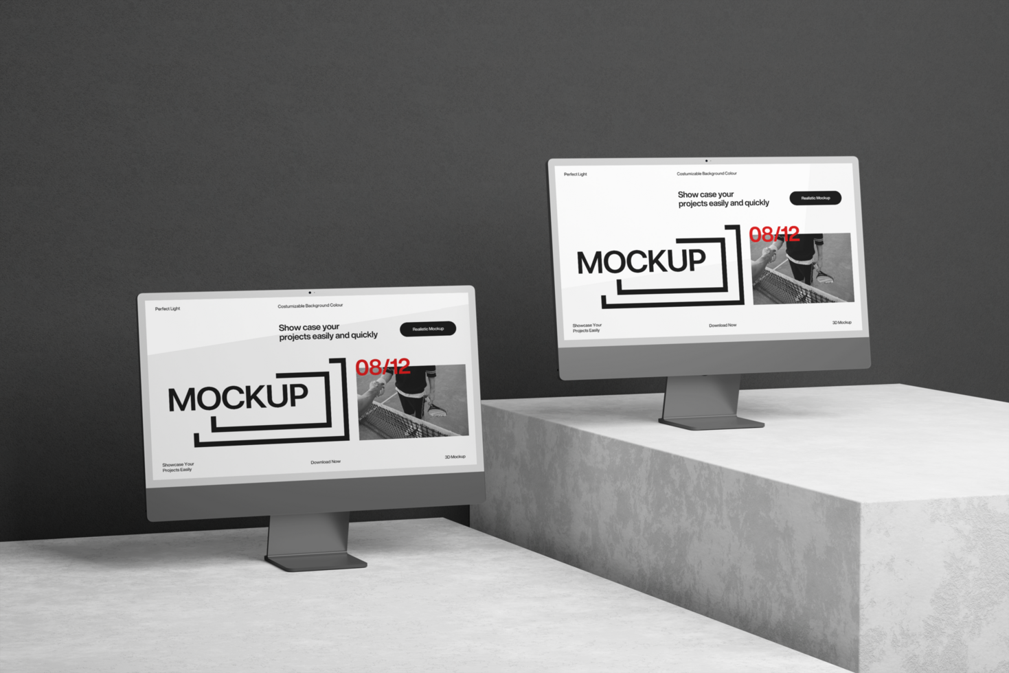 Minimalist 3d dual desktop monitor mockup template psd