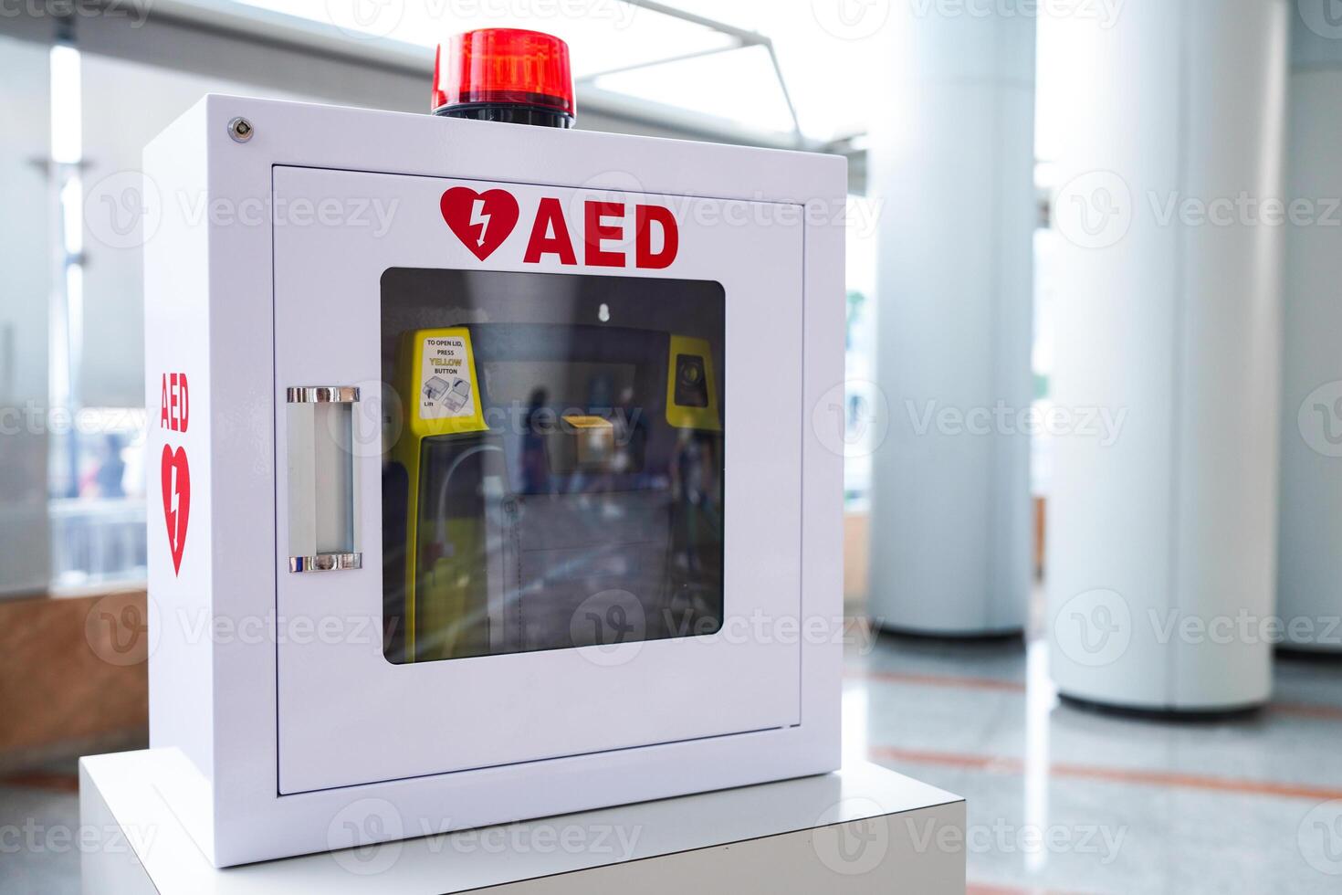 General view of a life saving defibrillator. Portable automated external defibrillator in public photo
