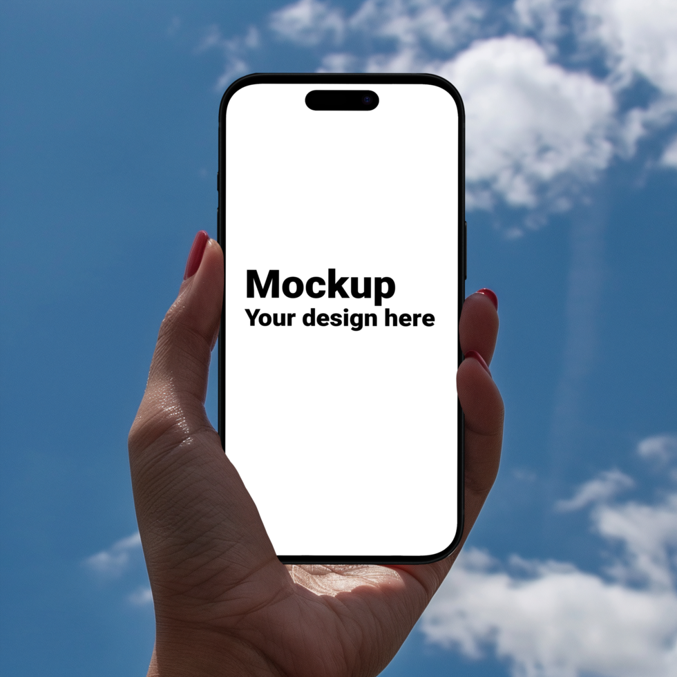 Mockup of black smartphone in hand on blue sky background psd