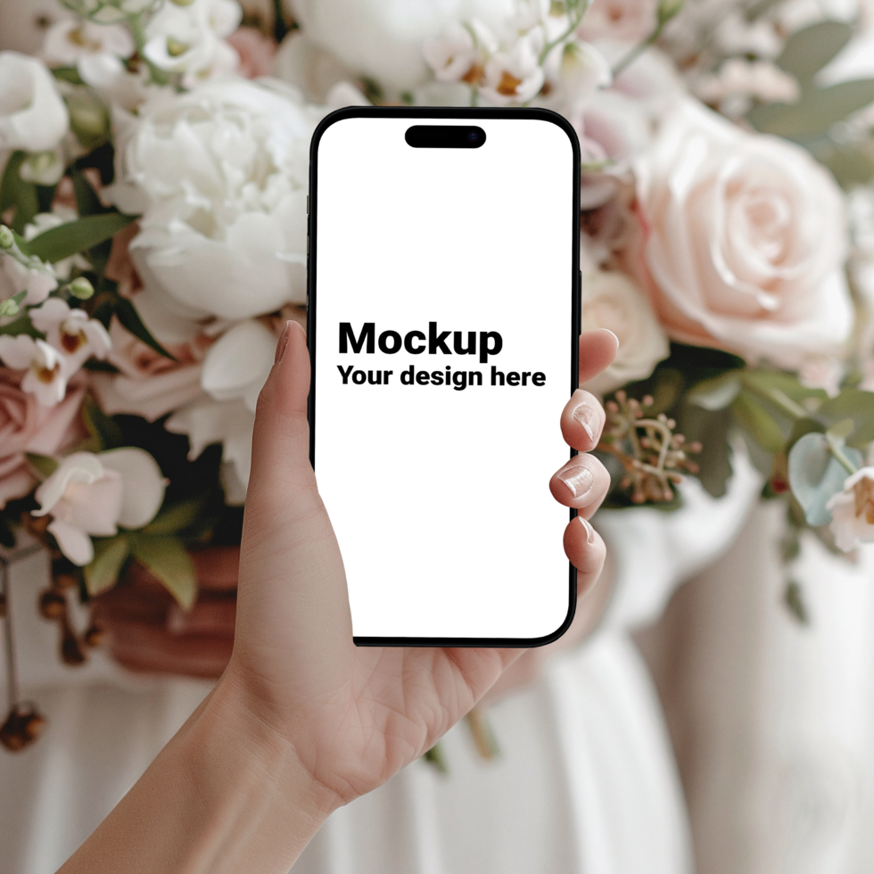 Mockup of black smartphone in woman's hand on flowers background psd