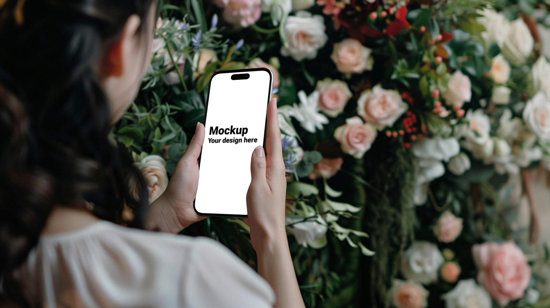 Mockup of black smartphone in woman's hand on flowers background psd