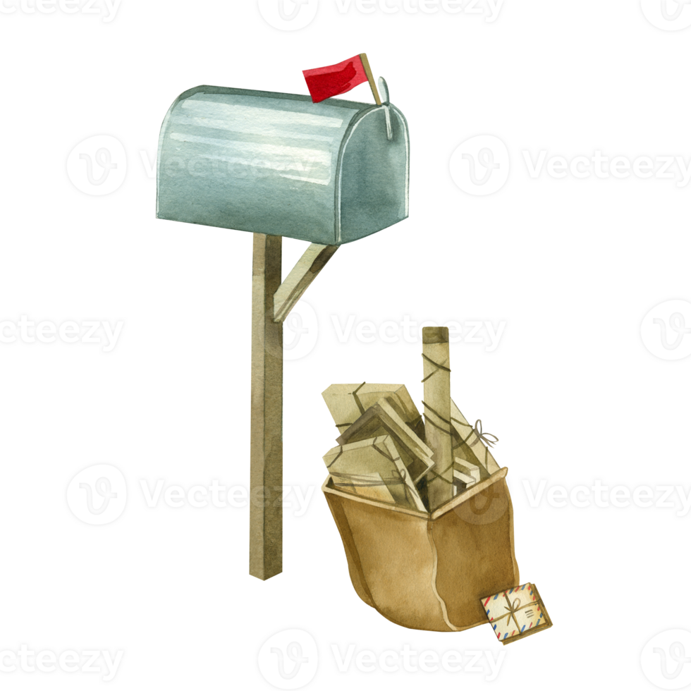 Antique mailbox on a wooden leg with a red flag and a metal body, mail bag with parcels and letters. All elements are hand painted with watercolors. For printing on paper, scrapbooking, postcards png