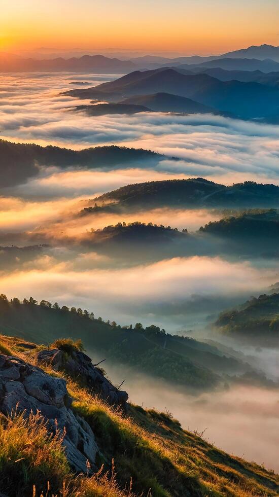 Beautiful landscape of the sun rising above the morning mist photo