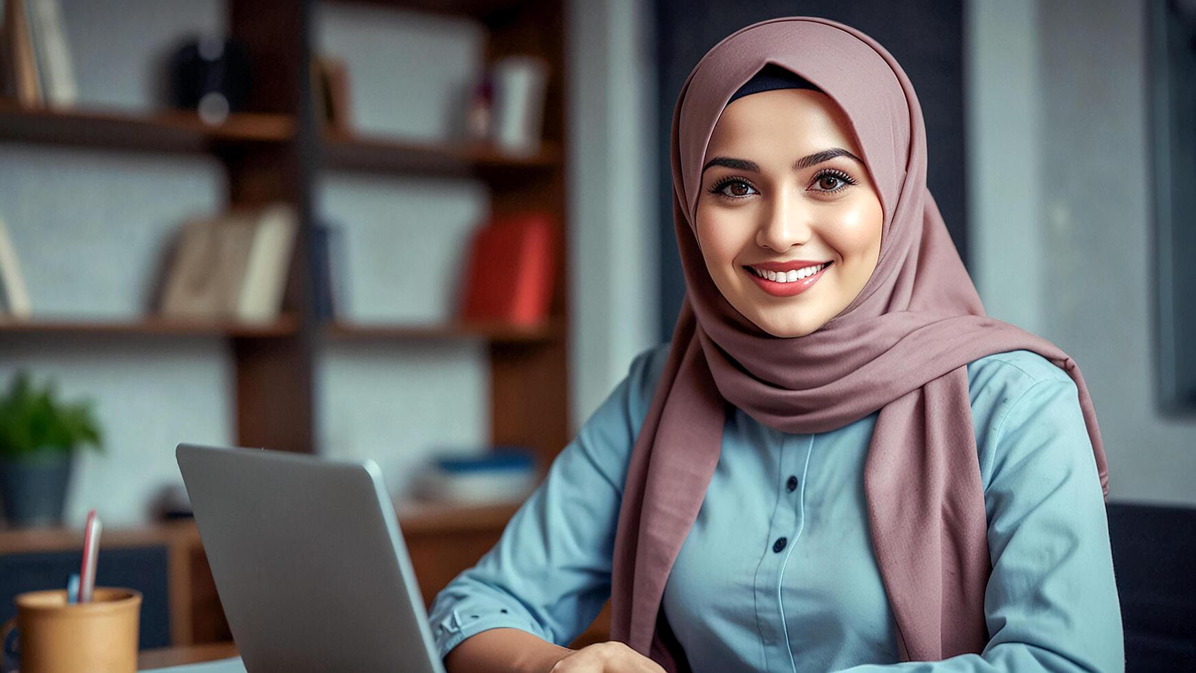 Muslim woman wearing hijab, happy smiling face sitting working with laptop in modern office photo