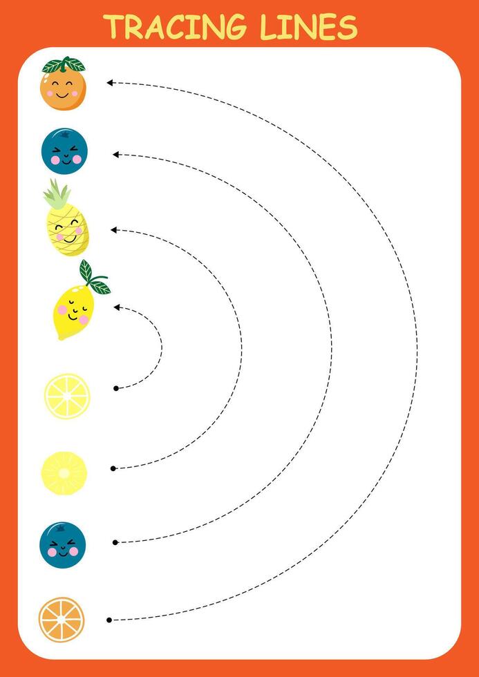 Tracing lines for kids with cartoon fruits. Handwriting practice. vector