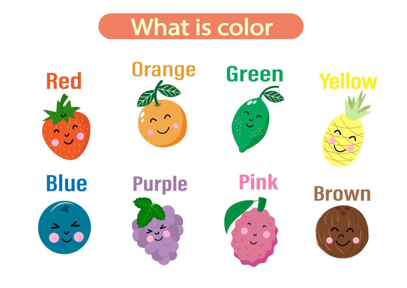 Learning primary colors for preschoolers. Set of fruits. Card with red, green, orange, blue, yellow colors. vector