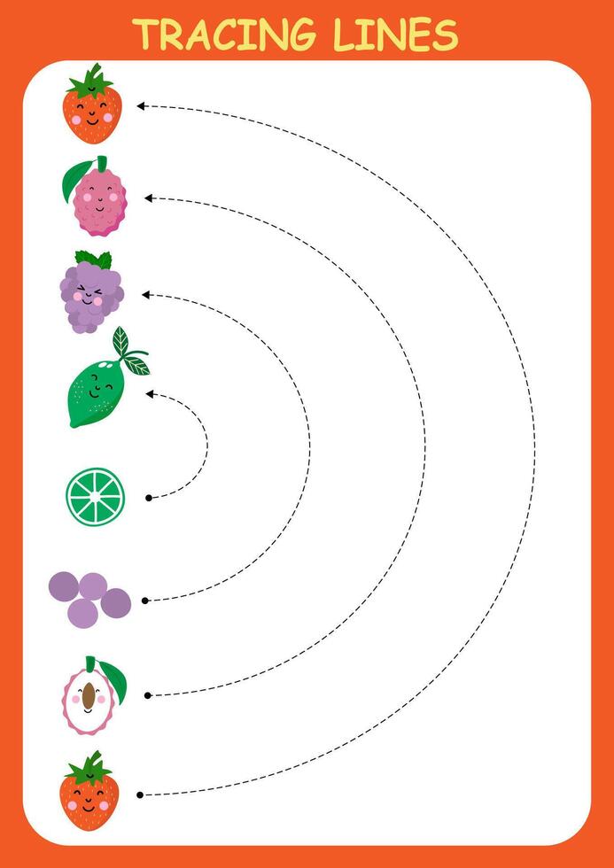 Tracing lines for kids with cartoon fruits. Handwriting practice. vector