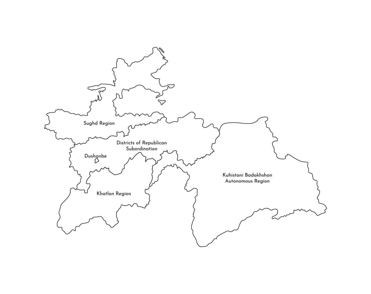isolated illustration of simplified administrative map of Tajikistan. Borders and names of the regions. Black line silhouettes. vector