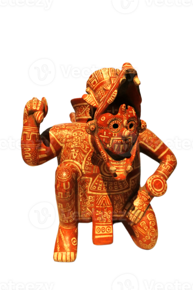Mixtec style polychrome with elaborate painted white on red designs from El Chanal, Colima, Mexico is a spouted vessel in the form of a crouching, masked figure of a shaman impersonating a rain god. png