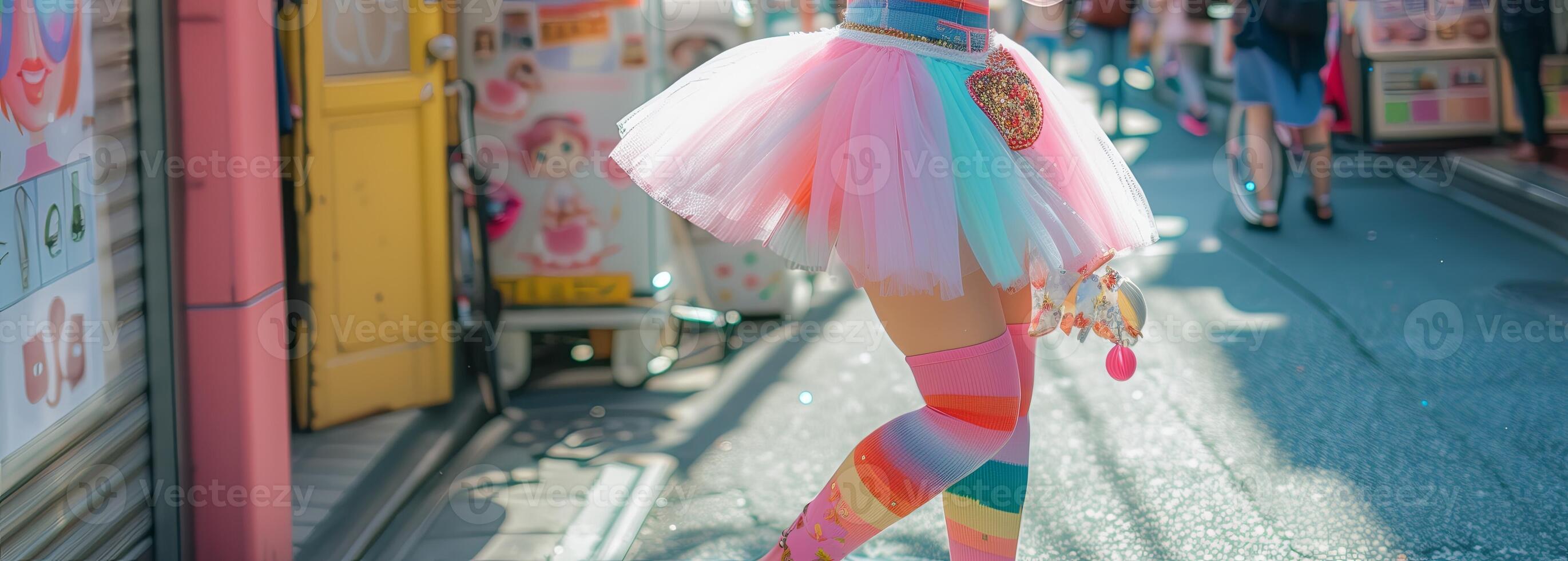 Colorful summer festival, young girl dancing outdoors. vibrant carnival attire, celebrating photo