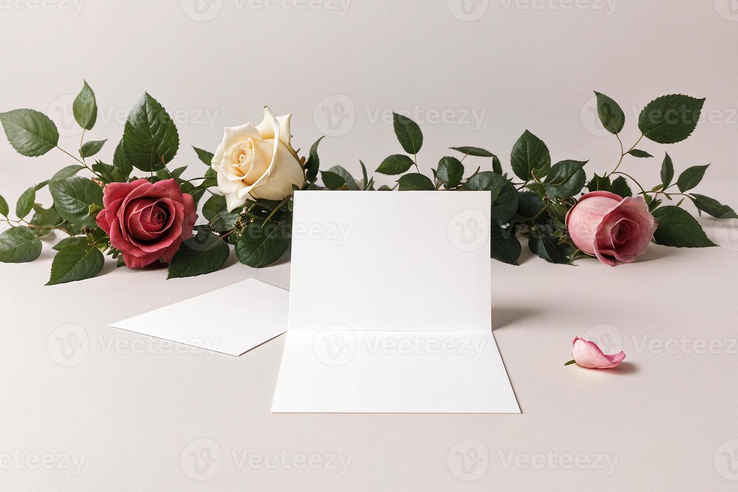 blank letter, postcard on a background of roses mockup on a light background photo