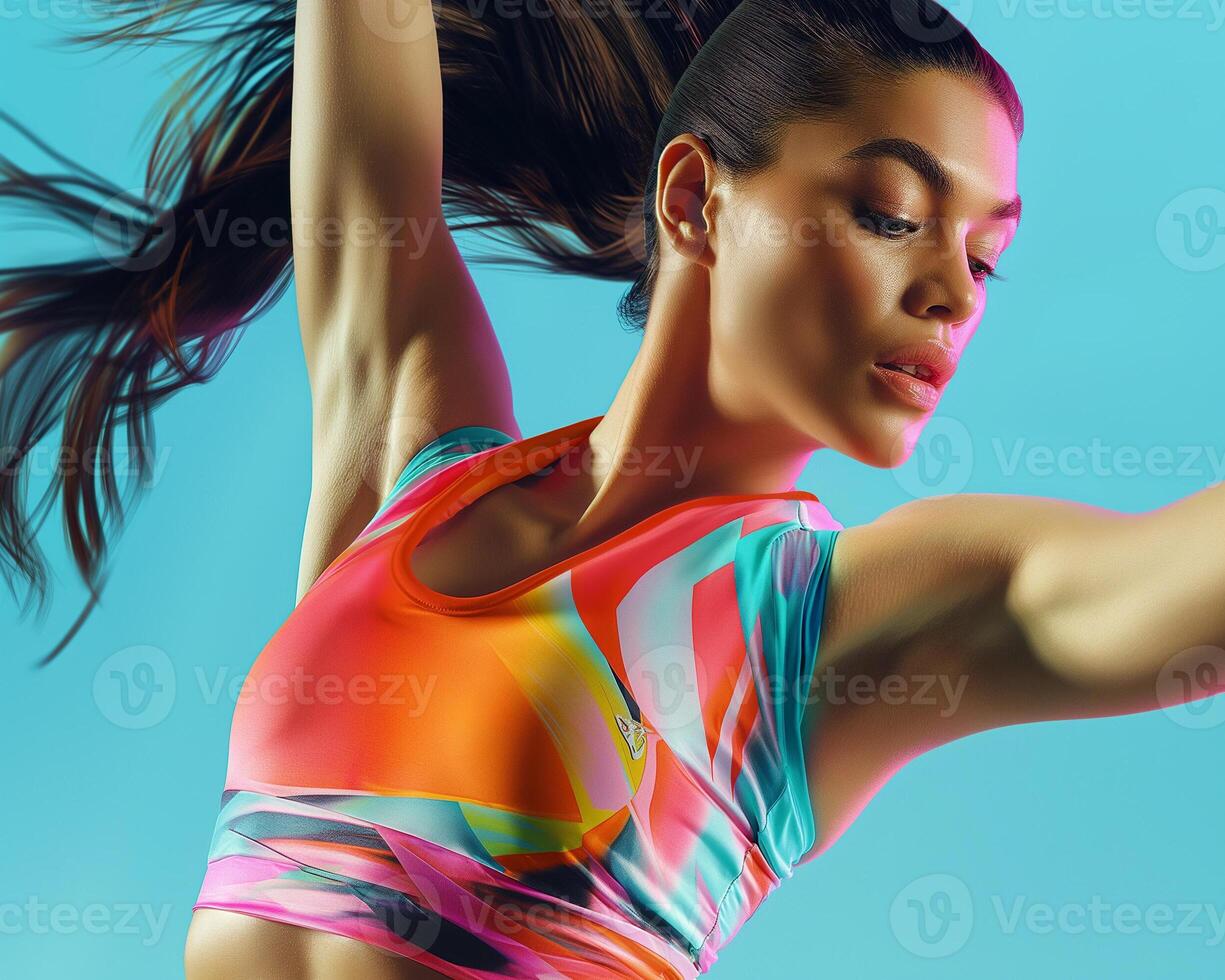 Close-up of a woman in dynamic sportswear designed for aerobics, captured mid-movement with a vibrant expression photo