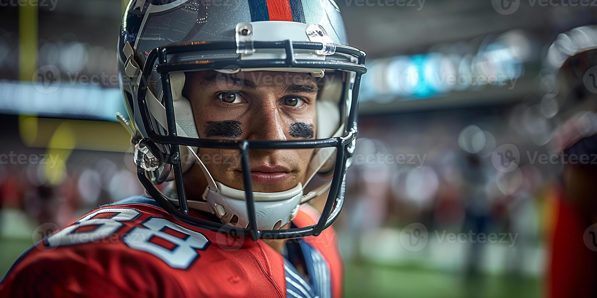 American football player in a gray helmet and red uniform during a football match in an arena with bleachers in the background. Copy space photo