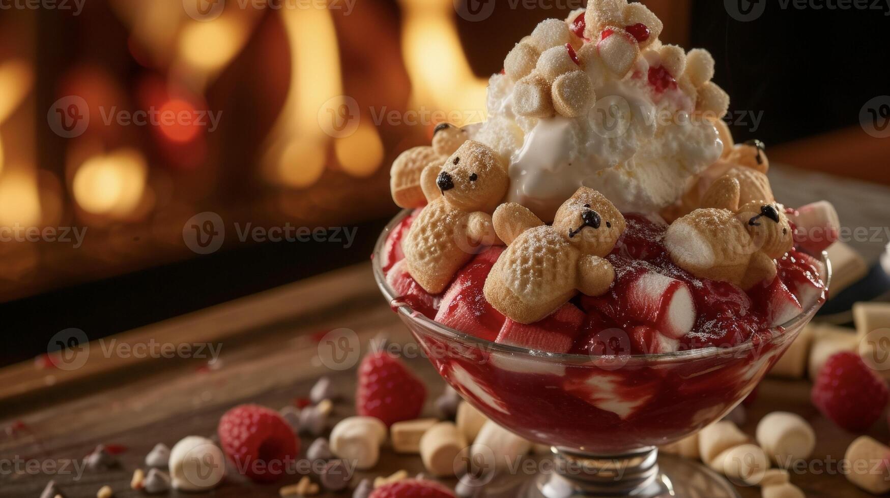 As the fire roars in the background a whimsical sundae is served featuring a tower of soft marshmallow teddy bears perched on top of a scoop of strawberry ice cream surrounde photo