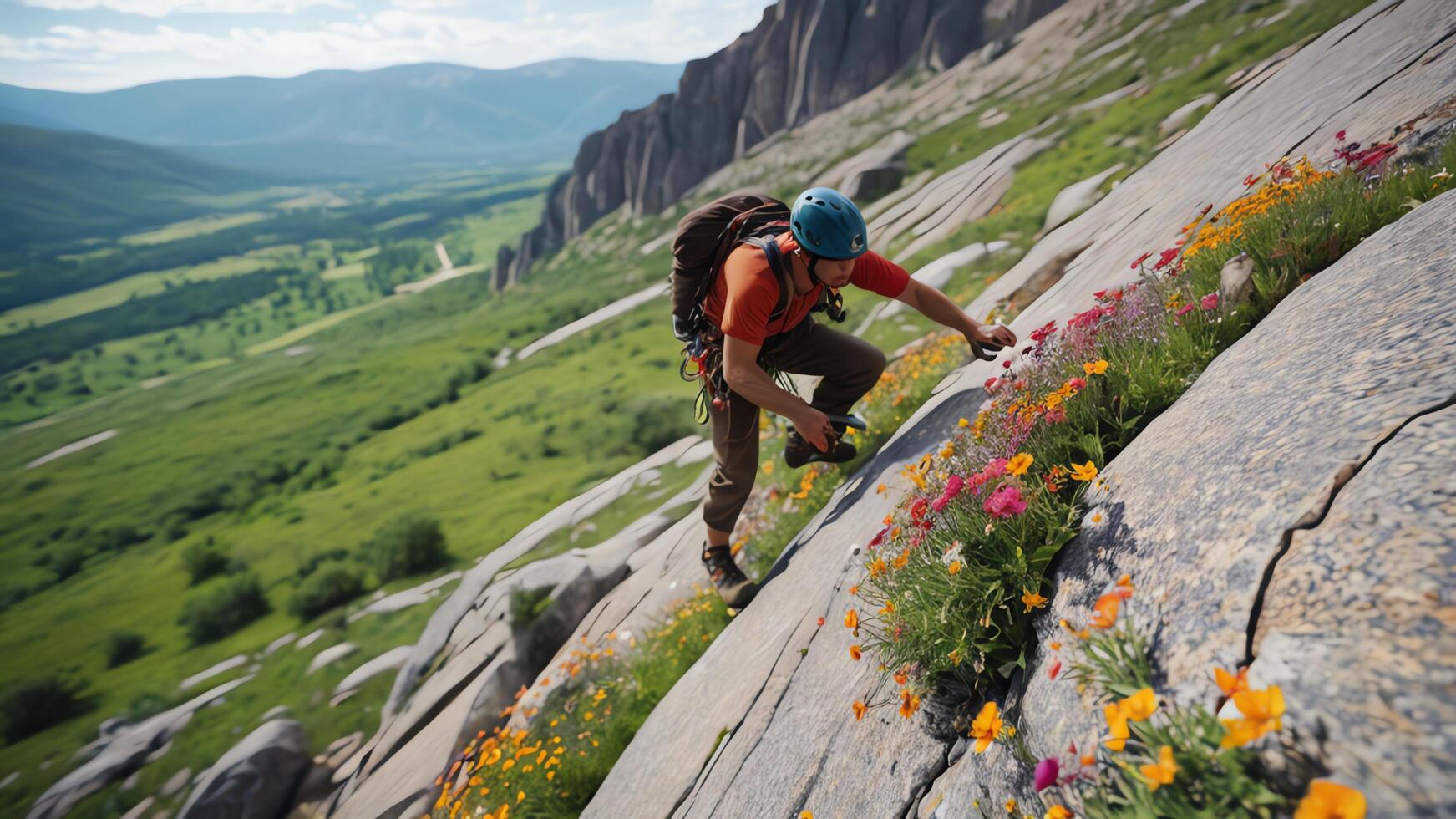 rock climber is climbing a cliff photo