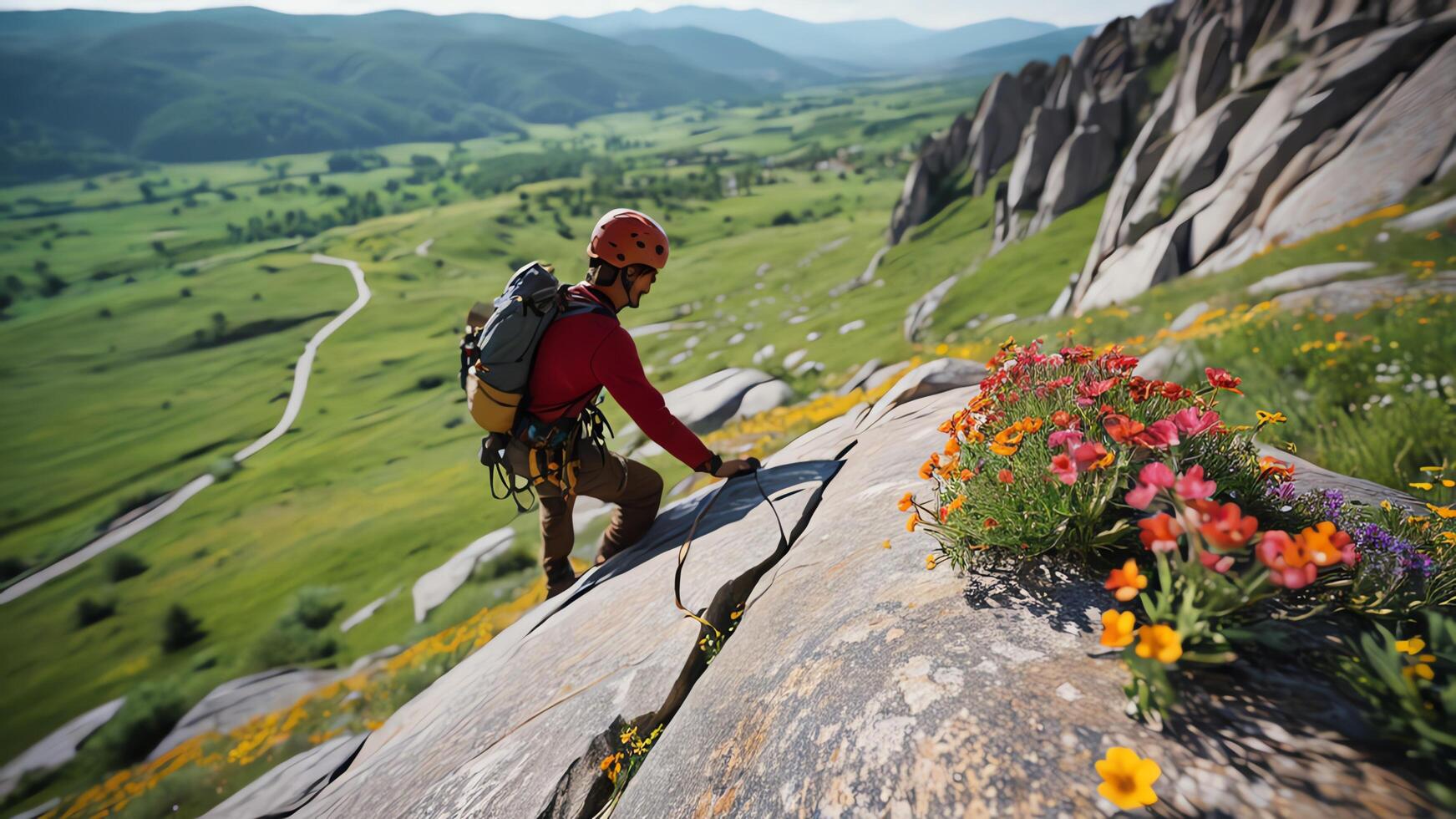 rock climber is climbing a cliff photo