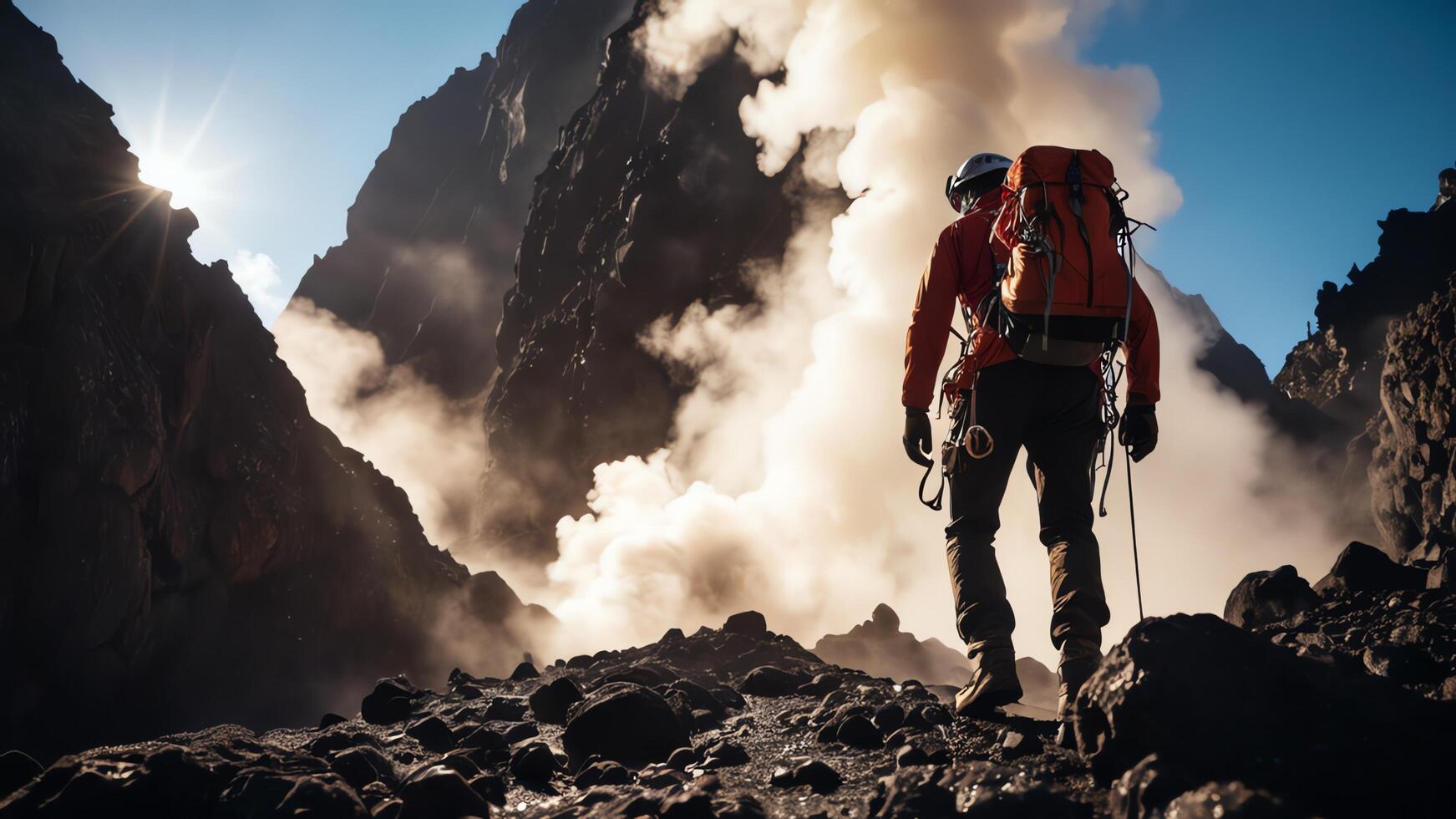mountain climber with a view of the mountain gas coming out photo