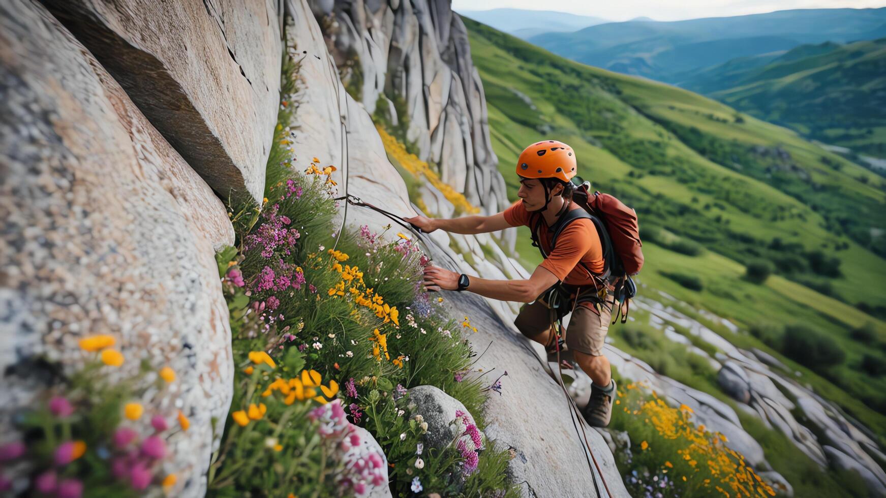 rock climber is climbing a cliff photo