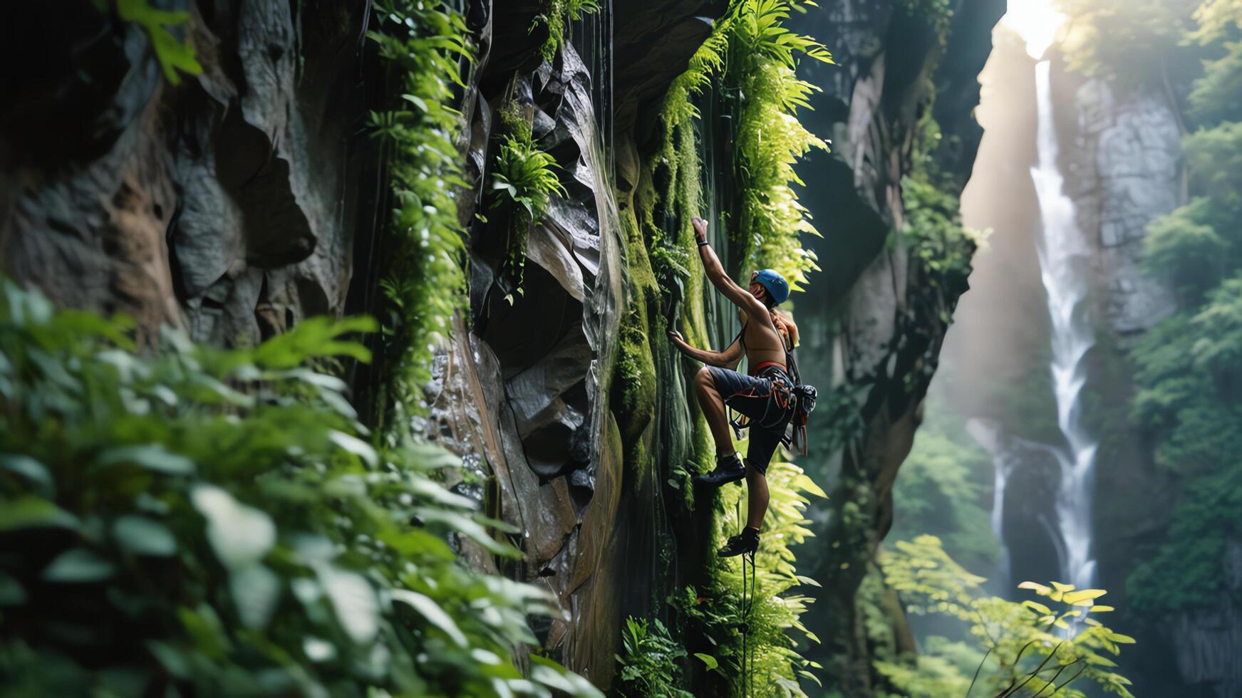 rock climber is climbing a cliff, wide landscape of slippery cliffs in tropical forest photo