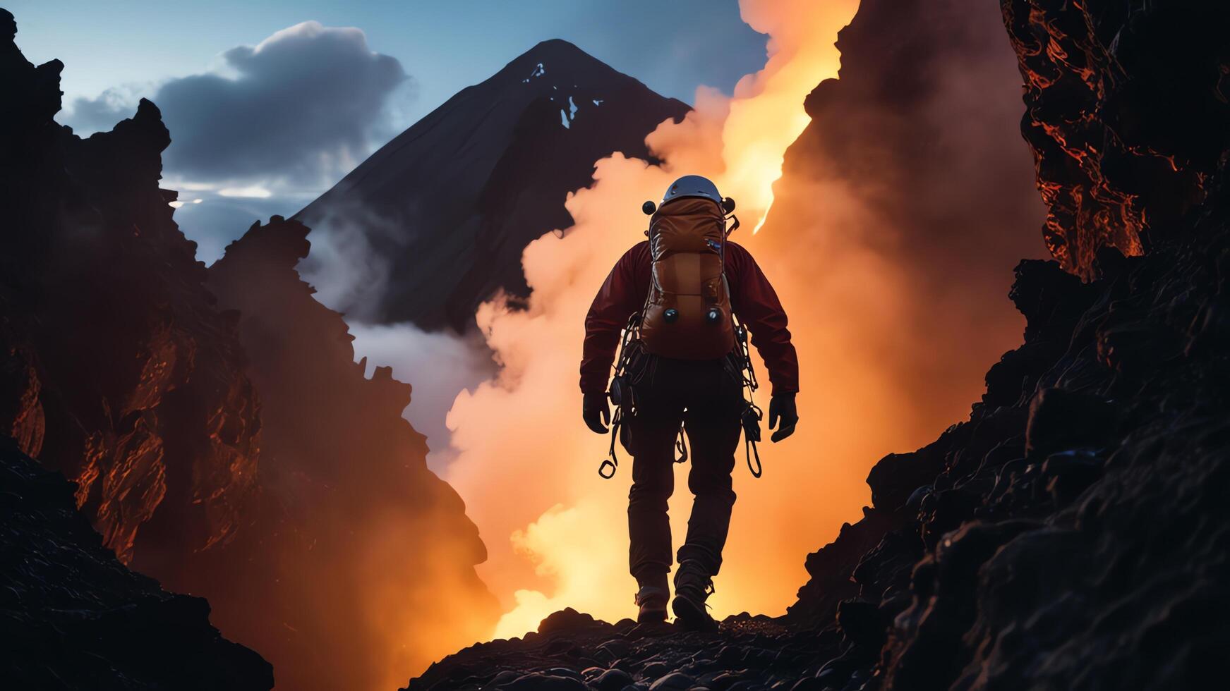 mountain climber with a view of the mountain gas coming out photo
