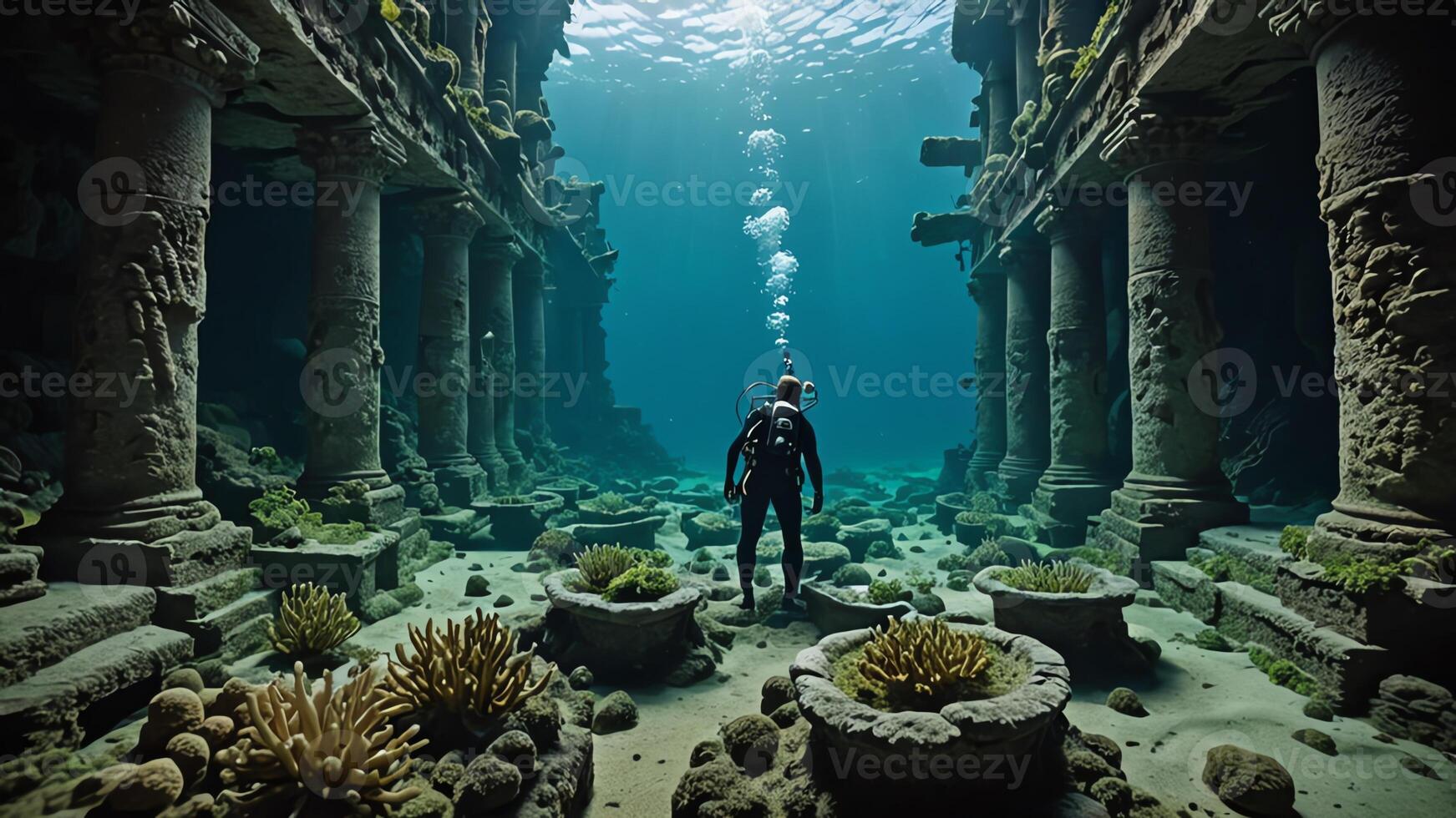 scuba divers are in the water near the wrecks of buildings and sunken objects photo