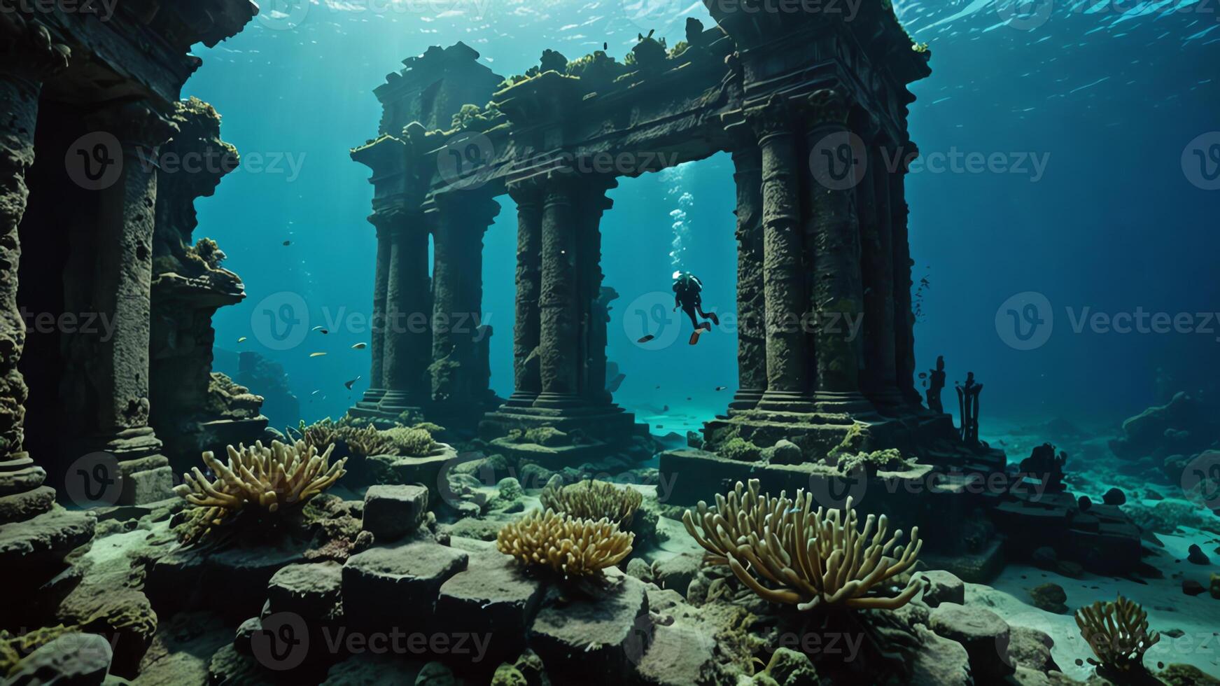 cuba divers are in the water near the wrecks of buildings and sunken objects photo