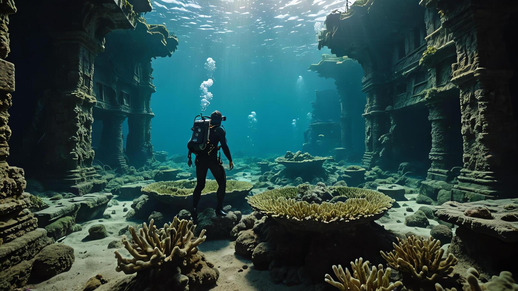 cuba divers are in the water near the wrecks of buildings and sunken objects photo